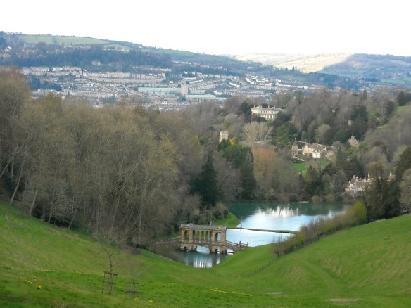 The view out from Ralph Allen's neo-classical mansion across his landscape garden (created 1740s-60s) to the Georgian city of Bath. Placed in an ideal landscape setting between two lakes is the Palladian Bridge, one of only three in the country (the others are at Wilton House and Stowe).