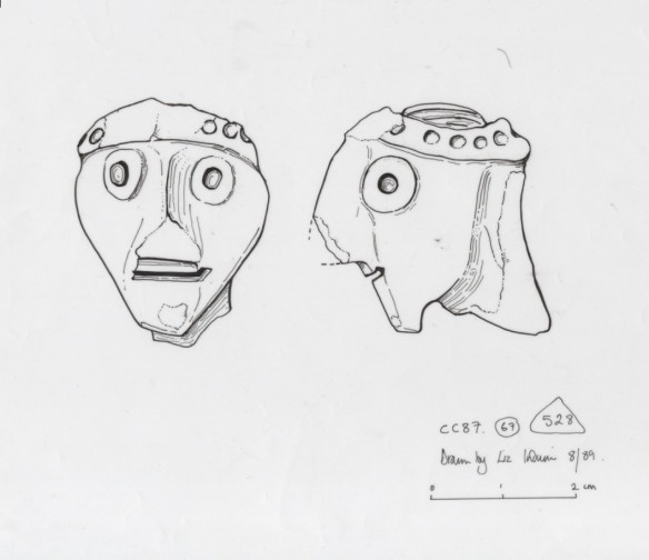 The archaeological illustration of the pottery head found at Corfe Castle in 1987