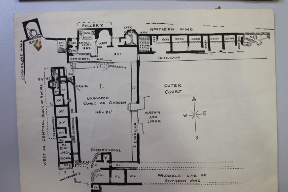 Plan for a 1940s guide book for Chedworth villa. Top is the north range and left the west range. Here were two suites of sumptuous bathing, dining and accommodation rooms linked by corridors. The little understood service range is at the bottom of the picture. Bottom left is marked 'unexplored' and excavations here in the 1950s interpreted this area as a large kitchen.The little square room projecting from the bottom edge of the picture was the villa latrine. Top left is the 'Nymphaeum building around the villa sacred spring. The water flowed through the north and west range sets of baths south through drains across the courtyard to the south range to clean the latrines.